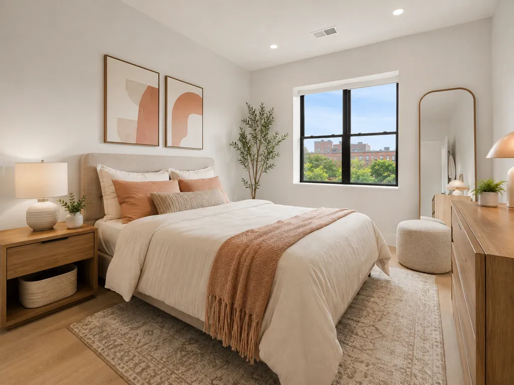 A bedroom with a bed, pillows, a rug, a lamp, and a mirror.