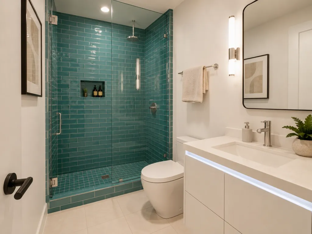 A modern bathroom with teal tiles, white fixtures, and a white vanity.