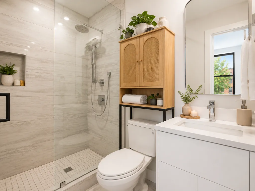 A modern bathroom with a glass shower, wooden cabinet, white sink, and toilet.