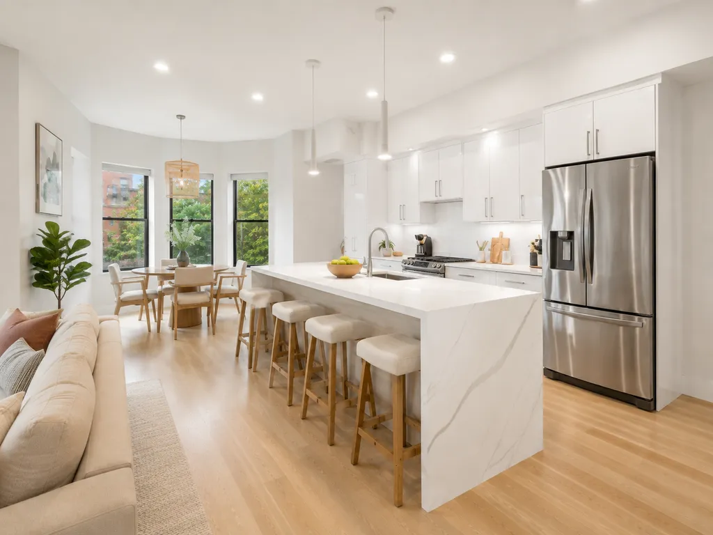 Modern kitchen with white marble island, stainless steel appliances, and wooden floors.